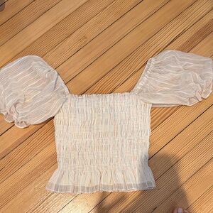 Wayf Beige Puff Sleeve Smocked Blouse